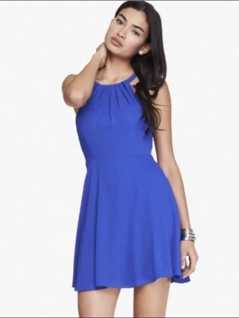 Express Blue Pleated Halter Mini Dress